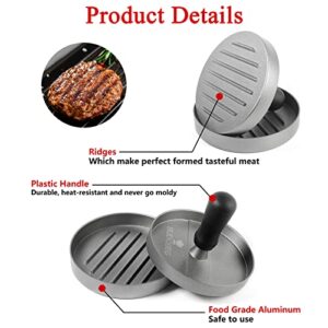 BUDOBEG Hamburger Press Patty Maker for 1/4 to 1/2 Lb Aluminum Non-Stick Burger Press with Wax Paper Plastic Gloves and Spatula, 4.5 in Diameter