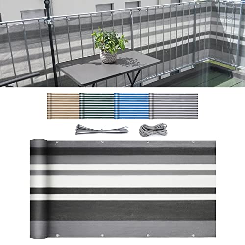 Sekey 2.46'×16.5' Balcony Privacy Screen Balcony Cover HDPE 220 g/m², Slightly Transparent Wind, with Eyelets, Nylon Cable Ties and Cord, Gray Stripes