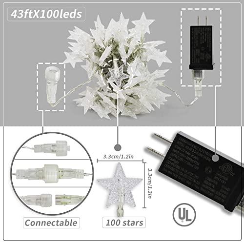 TOFU Star String Lights 43 FT 100 LED Star Fairy Lights for Room Decor, Extendable Waterproof Twinkle Lights with 8 Flashing Modes for Home, Party, Christmas, Wedding, Garden Decoration, Warm White