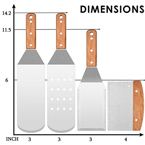 HaSteeL Metal Spatula Set of 4, Stainless Steel Griddle Spatula Tools Set with Wooden Riveted Handle, Professional Griddle Accessories Kit for Teppanyaki BBQ Flat Top Hibachi Cooking Grilling