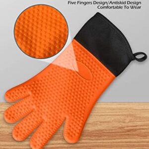 Pair of 2 Grilling Gloves, Heat Resistant Gloves BBQ Kitchen Silicone Oven Mitts, Long Waterproof Non-Slip for Barbecue, Grilling and Cooking in The Kitchen (Orange)