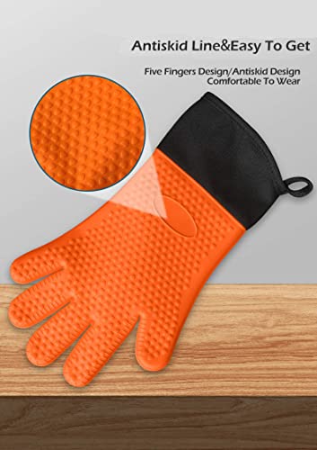 Pair of 2 Grilling Gloves, Heat Resistant Gloves BBQ Kitchen Silicone Oven Mitts, Long Waterproof Non-Slip for Barbecue, Grilling and Cooking in The Kitchen (Orange)