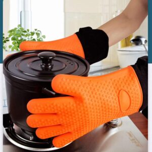 Pair of 2 Grilling Gloves, Heat Resistant Gloves BBQ Kitchen Silicone Oven Mitts, Long Waterproof Non-Slip for Barbecue, Grilling and Cooking in The Kitchen (Orange)