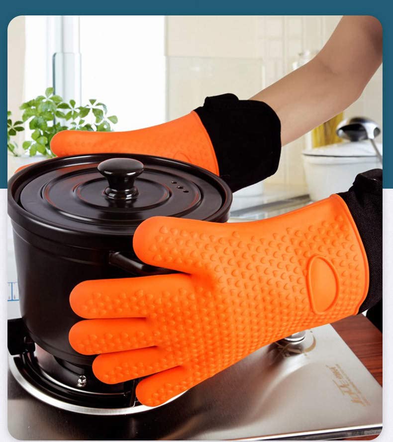 Pair of 2 Grilling Gloves, Heat Resistant Gloves BBQ Kitchen Silicone Oven Mitts, Long Waterproof Non-Slip for Barbecue, Grilling and Cooking in The Kitchen (Orange)