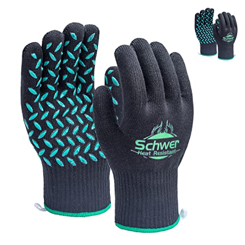 Schwer 2 Pairs BBQ Gloves, 932°F Heat Resistant Grilling Gloves Silicone Non-Slip Oven Mitts, Kitchen Gloves for BBQ, Grilling, Cooking, Baking （Black）