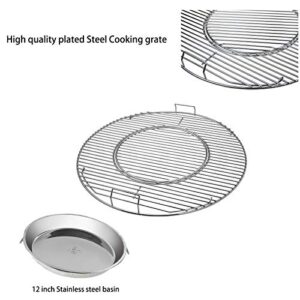 AJinTeby 8835 Gourmet BBQ System Hinged Cooking Grate with 12" Drip Pan for 22.5 inch Weber One-Touch Silver, Bar-B-Kettle, Master-Touch, for Weber Vortex, Barrel 22" Sear Charcoal Grill Accessories