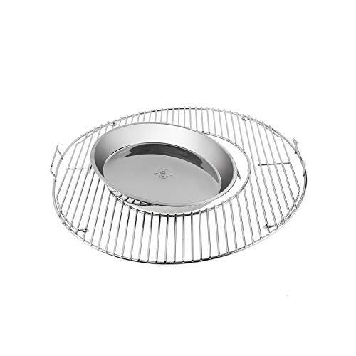 AJinTeby 8835 Gourmet BBQ System Hinged Cooking Grate with 12" Drip Pan for 22.5 inch Weber One-Touch Silver, Bar-B-Kettle, Master-Touch, for Weber Vortex, Barrel 22" Sear Charcoal Grill Accessories