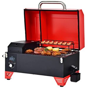 giantex portable pellet grill and smoker, 8 in 1 tabletop pellet grill, 256 sq.in cooking area temperature 180°f to 500°f, outdoor wood pellet smoker for bbq camping tailgating rv cooking (red)
