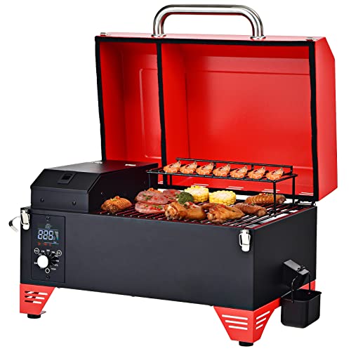 Giantex Portable Pellet Grill and Smoker, 8 in 1 Tabletop Pellet Grill, 256 sq.in Cooking Area Temperature 180°F to 500°F, Outdoor Wood Pellet Smoker for BBQ Camping Tailgating RV Cooking (Red)