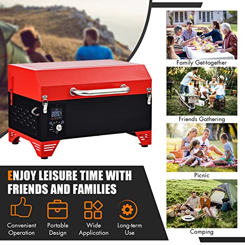 Giantex Portable Pellet Grill and Smoker, 8 in 1 Tabletop Pellet Grill, 256 sq.in Cooking Area Temperature 180°F to 500°F, Outdoor Wood Pellet Smoker for BBQ Camping Tailgating RV Cooking (Red)