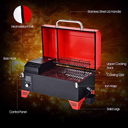 Giantex Portable Pellet Grill and Smoker, 8 in 1 Tabletop Pellet Grill, 256 sq.in Cooking Area Temperature 180°F to 500°F, Outdoor Wood Pellet Smoker for BBQ Camping Tailgating RV Cooking (Red)