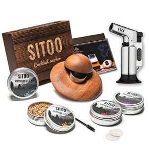 sitoo cocktail smoker kit with torch, wood chips for whiskey and bourbon – drink smoker for smoke infusion in cocktails and drinks – gift for whiskey lover, dad, husband