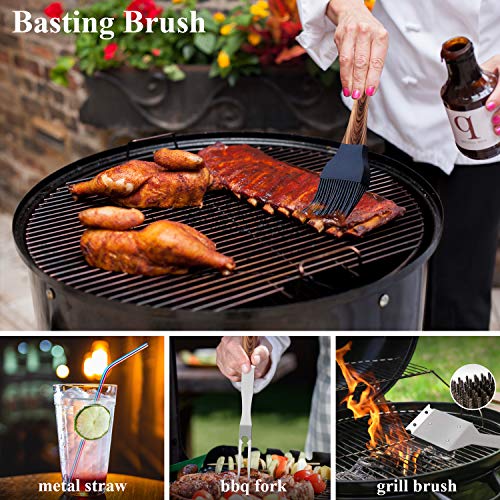 ROMANTICIST 25pcs Extra Thick Stainless Steel Grill Tool Set for Men, Heavy Duty Grilling Accessories Kit for Backyard, BBQ Utensils Gift Set with Spatula,Tongs in Aluminum Case for Birthday Brown