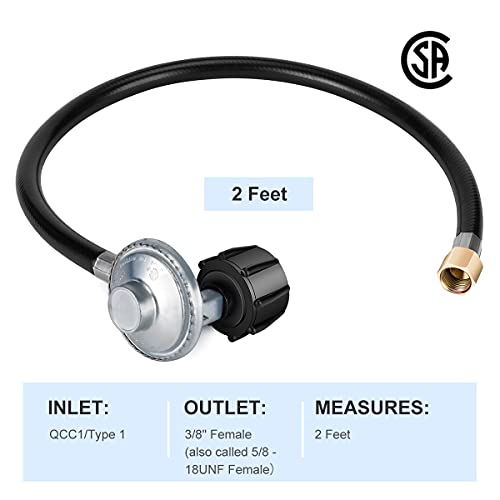 Suppmen Propane Regulator and Hose 2 Feet Universal QCC1 Replacement Hose and Regulator kit for LP Gas Grill 3/8 Female Flare Nut for Heater Fire Pit Stove etc.as Parts and Accessories.