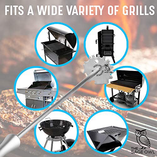 Sage Owl Grill Scraper with Long Handle - Universal Stainless Steel Grill Cleaner, Dishwasher Safe Bristle-Free Grill Brush Alternative - Unusual Gifts for Men Who Have Everything