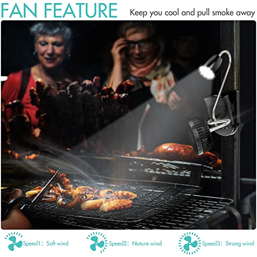 Barbecue Grill Light and Fan Magnetic and Clip Base BBQ Lights and Clip on Fan for Outdoor Grill, Camping, 360°Flexible Gooseneck, 3 Light and Fan Settings, 4000mAh Rechargeable Battery Powered