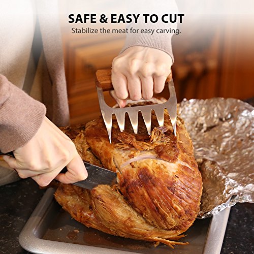 1Easylife Metal Meat Shredder Claws, 18/8 Stainless Steel Meat Forks with Wooden Handle for Shredding, Pulling, Handing, Lifting & Serving Pork, Turkey, Chicken, Brisket