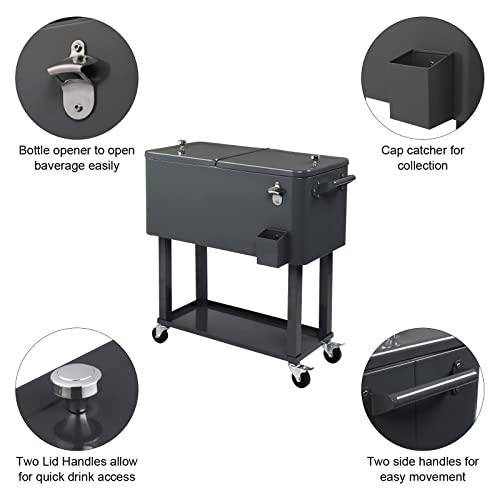 Outvita 80 Quart Rolling Ice Chest, Portable Bar Drink Cooler with Catch Basin, Bottom Storage Tray and Bottle Opener for Patio Party BBQ Beach Activities (Dark Gray)