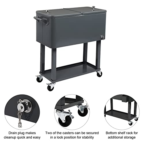 Outvita 80 Quart Rolling Ice Chest, Portable Bar Drink Cooler with Catch Basin, Bottom Storage Tray and Bottle Opener for Patio Party BBQ Beach Activities (Dark Gray)