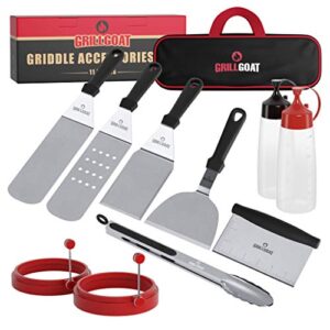 grillgoat griddle accessories kit – 11 piece griddle tool kit – stainless steel metal spatula set, scraper, turner, tongs, egg rings and more- perfect for blackstone or hibachi bbq
