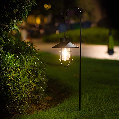 2 Pack EKQ Hanging Solar Lights Lantern Lamp with Shepherd Hook, Metal Waterproof Edison Bulb Lights for Garden Outdoor Pathway (Black)