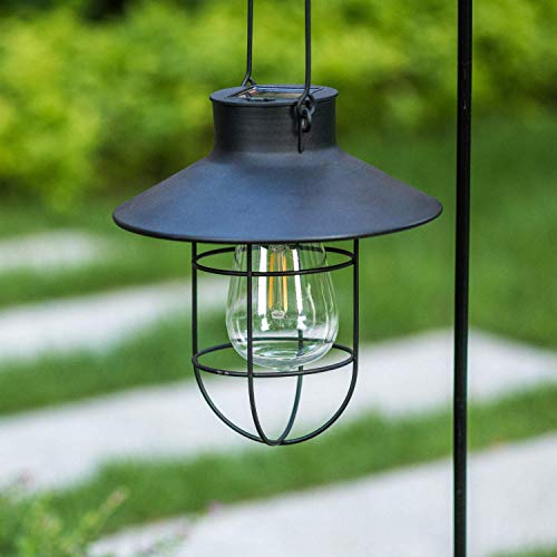 2 Pack EKQ Hanging Solar Lights Lantern Lamp with Shepherd Hook, Metal Waterproof Edison Bulb Lights for Garden Outdoor Pathway (Black)