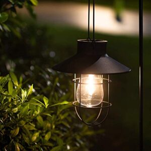 2 Pack EKQ Hanging Solar Lights Lantern Lamp with Shepherd Hook, Metal Waterproof Edison Bulb Lights for Garden Outdoor Pathway (Black)