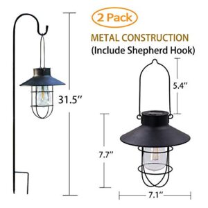 2 Pack EKQ Hanging Solar Lights Lantern Lamp with Shepherd Hook, Metal Waterproof Edison Bulb Lights for Garden Outdoor Pathway (Black)