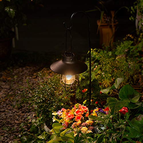 2 Pack EKQ Hanging Solar Lights Lantern Lamp with Shepherd Hook, Metal Waterproof Edison Bulb Lights for Garden Outdoor Pathway (Black)