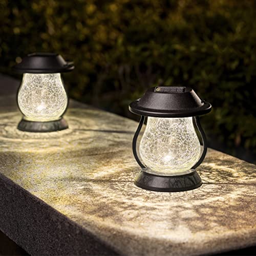 LeiDrail Hanging Solar Garden Lights, Solar Hanging Lanterns Outdoor with Shepherd Hooks & Crackle Glass Ball, Waterproof Solar Powered Table Lamps for Yard Fence Tree Tabletop Garden Decor(2 Pack)