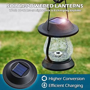 LeiDrail Hanging Solar Garden Lights, Solar Hanging Lanterns Outdoor with Shepherd Hooks & Crackle Glass Ball, Waterproof Solar Powered Table Lamps for Yard Fence Tree Tabletop Garden Decor(2 Pack)