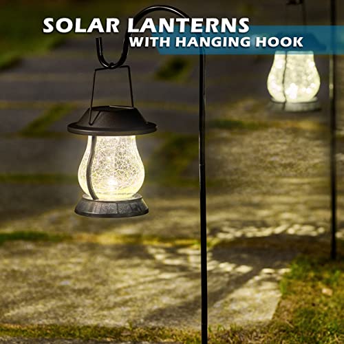 LeiDrail Hanging Solar Garden Lights, Solar Hanging Lanterns Outdoor with Shepherd Hooks & Crackle Glass Ball, Waterproof Solar Powered Table Lamps for Yard Fence Tree Tabletop Garden Decor(2 Pack)