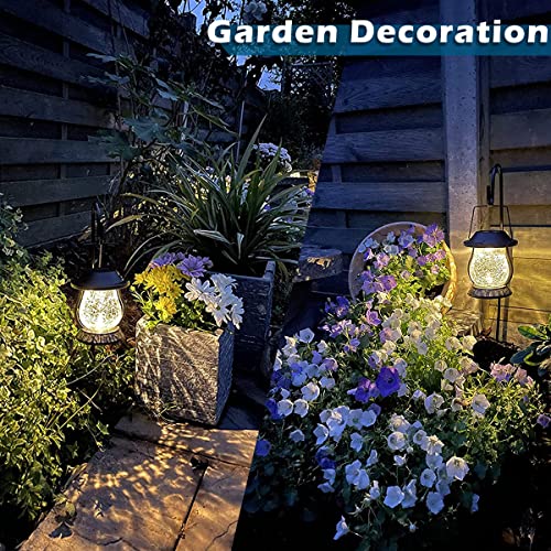 LeiDrail Hanging Solar Garden Lights, Solar Hanging Lanterns Outdoor with Shepherd Hooks & Crackle Glass Ball, Waterproof Solar Powered Table Lamps for Yard Fence Tree Tabletop Garden Decor(2 Pack)