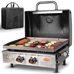 hisencn portable flat top grill propane gas grill for outdoor, camping, tabletop, kitchen, tailgating, rv – 348 sq. in. heavy duty & 24000 btus griddle for bbq grill, 22 inch with hood, with carry bag