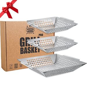3 pack grill baskets for outdoor grill, heavy duty stainless steel vegetable grill basket, grilling basket for veggies, grilling accessories for all grills & smokers – grilling gifts for men