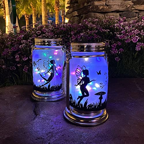 Vcdsoy 2 Pack Solar Fairy Lantern for Garden Decorations -Outdoor Fairies Night Lights- Garden Ornament Lights Decorations Gifts Hanging Lamp Frosted Glass Jar with Stake for Yard Patio Lawn