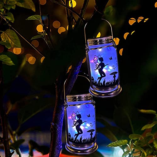 Vcdsoy 2 Pack Solar Fairy Lantern for Garden Decorations -Outdoor Fairies Night Lights- Garden Ornament Lights Decorations Gifts Hanging Lamp Frosted Glass Jar with Stake for Yard Patio Lawn