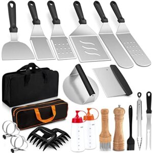 24pcs griddle accessories kit, joyfair outdoor bbq flattop grill tool set, heavy duty stainless steel spatulas/scraps for teppanyaki camping cooking, burger turner &2 portable bags, dishwasher safe