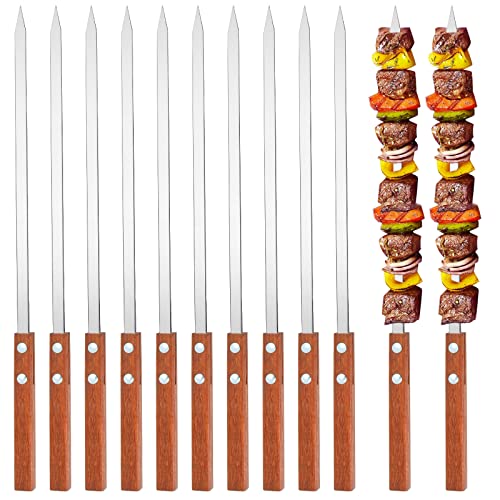 Elesunory 12PCS 16 Inch Stainless Steel Barbecue Skewers, Flat Metal BBQ Kebab Skewers, Long Kebab Skewers Barbecue Skewers with Anti-scald Wood Handle for Meat Shrimp Chicken Vegetable