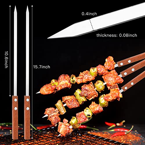 Elesunory 12PCS 16 Inch Stainless Steel Barbecue Skewers, Flat Metal BBQ Kebab Skewers, Long Kebab Skewers Barbecue Skewers with Anti-scald Wood Handle for Meat Shrimp Chicken Vegetable