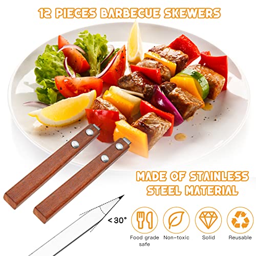 Elesunory 12PCS 16 Inch Stainless Steel Barbecue Skewers, Flat Metal BBQ Kebab Skewers, Long Kebab Skewers Barbecue Skewers with Anti-scald Wood Handle for Meat Shrimp Chicken Vegetable