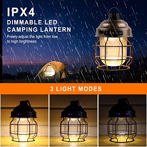 SALLBRIS Vintage LED Camping Lantern Rechargeable , Hanging Artistic Retro Outdoor Lights,for Yard Patio Terrace Lawn Emergency Lighting (Stainless Steel)