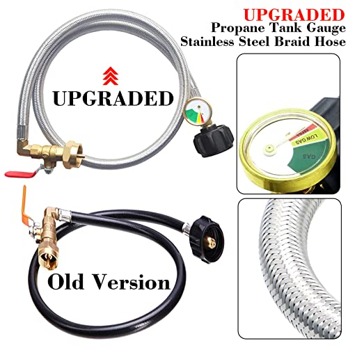 NQN Upgraded 36" Stainless Braided QCC1 Type Inlet Propane Refill Adapter Hose Extension Propane Refill Hose with Gauge and ON/Off Control Valve for 1LB Propane Gas Tank 350PSI High Pressure Camping