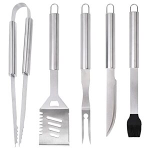 grill accessories set, stainless steel bbq accessories, heavy duty outdoor barbeque tools, 5pc, includes kitchen spatula, tongs, carving fork, knife, basting brush, gifts for man dad