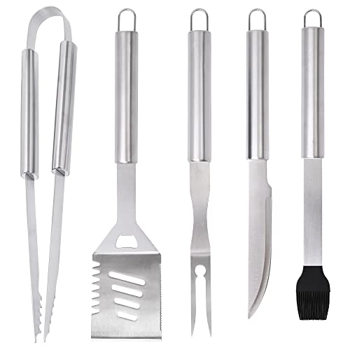 Grill Accessories Set, Stainless Steel BBQ Accessories, Heavy Duty Outdoor Barbeque Tools, 5Pc, Includes Kitchen Spatula, Tongs, Carving Fork, Knife, Basting Brush, Gifts for Man Dad