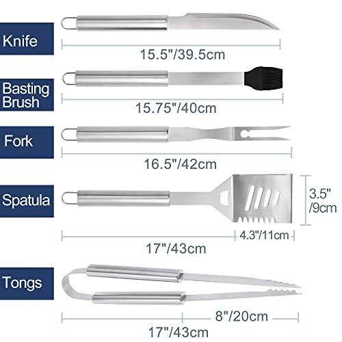 Grill Accessories Set, Stainless Steel BBQ Accessories, Heavy Duty Outdoor Barbeque Tools, 5Pc, Includes Kitchen Spatula, Tongs, Carving Fork, Knife, Basting Brush, Gifts for Man Dad