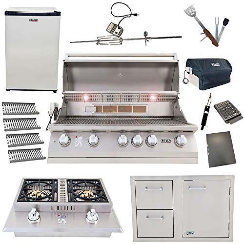 Lion 40-Inch Natural Gas Grill L90000 with 4 Ceramic Tubes w/ Flame Tray and Door and Drawer Combo and Double Side Burner and Refrigerator and 5 in 1 BBQ Tool Set Best of Backyard Gourmet Package Deal