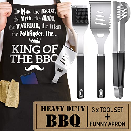 Fun BBQ Gifts for Men : 4Pcs Set Grilling Accessories. Heavy Duty Stainless Steel Utensil Set + Funny Apron. Best Grilling Gifts for Men or Gifts for Men who Have Everything.