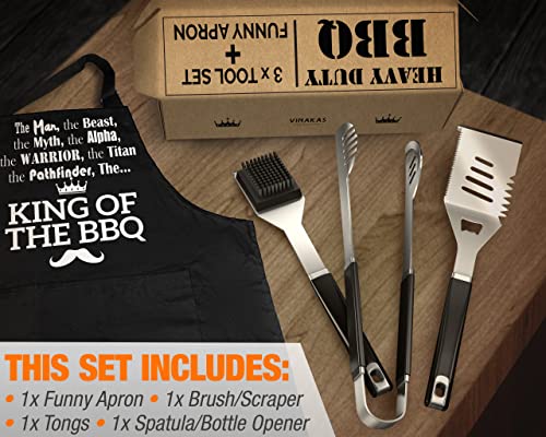 Fun BBQ Gifts for Men : 4Pcs Set Grilling Accessories. Heavy Duty Stainless Steel Utensil Set + Funny Apron. Best Grilling Gifts for Men or Gifts for Men who Have Everything.