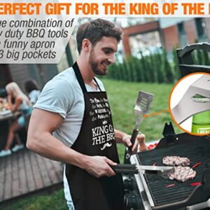 Fun BBQ Gifts for Men : 4Pcs Set Grilling Accessories. Heavy Duty Stainless Steel Utensil Set + Funny Apron. Best Grilling Gifts for Men or Gifts for Men who Have Everything.